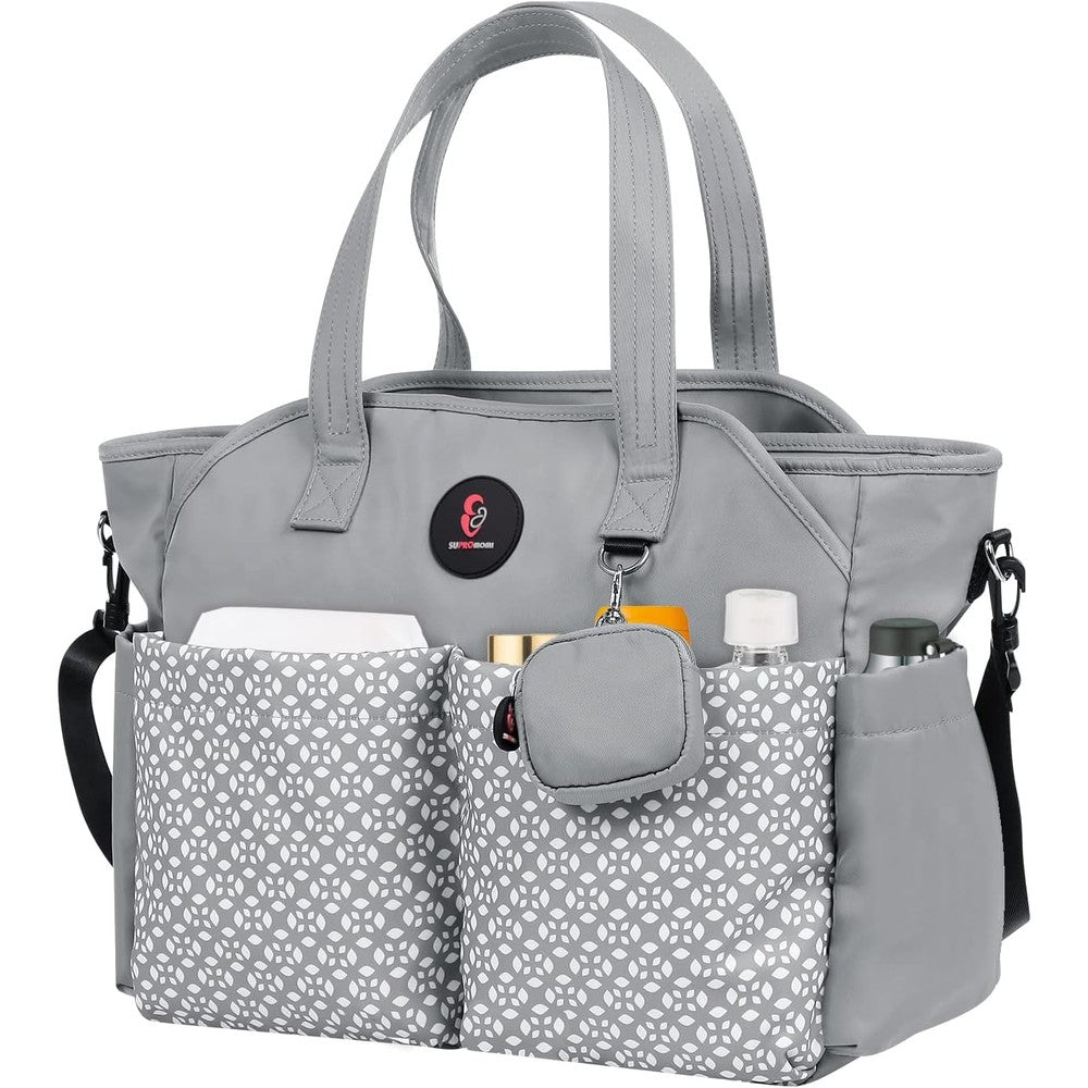 Supromomi diaper bag tote front view in grey
