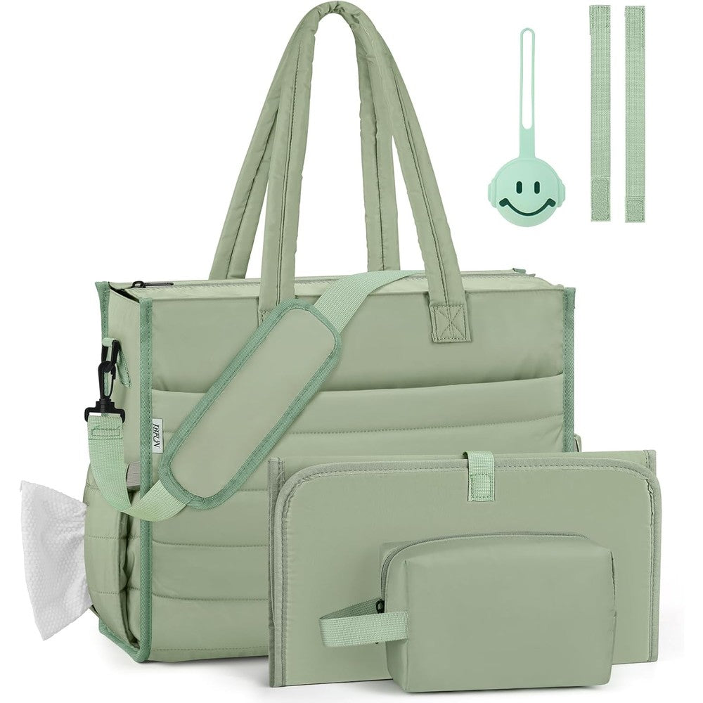 IBFUN diaper bag tote front view showcasing sage green puffy quilted design