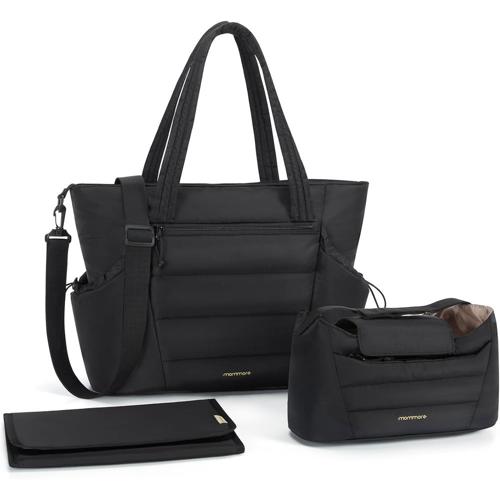 Mommore Diaper Bag Tote front view showing black puffer design