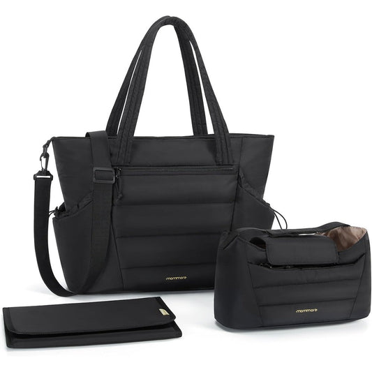 Mommore diaper bag tote front view in black