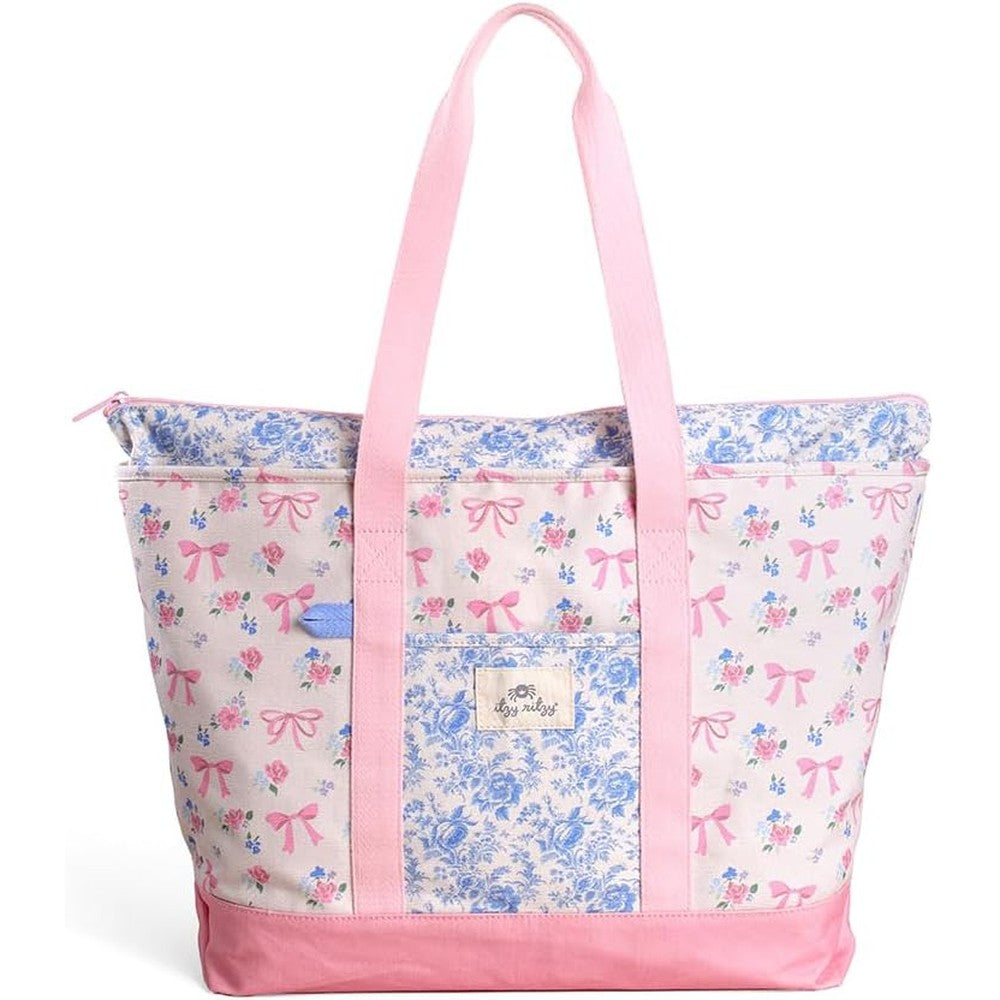 Itzy Ritzy Explorer Canvas Mom Tote in Ribbons and Bows pattern front view