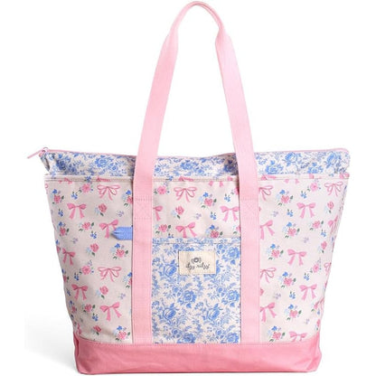 Itzy Ritzy Explorer Canvas Mom Tote in Ribbons and Bows pattern front view