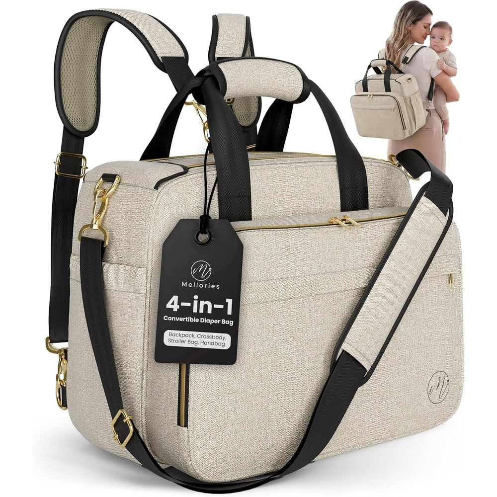 Mellories 4 In 1 Convertible Diaper Bag Tote For Baby Boys And Girls In Beige With Insulated Bottle Pockets For Travel - Image 1