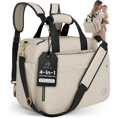 Mellories 4 In 1 Convertible Diaper Bag Tote For Baby Boys And Girls In Beige With Insulated Bottle Pockets For Travel - Image 1