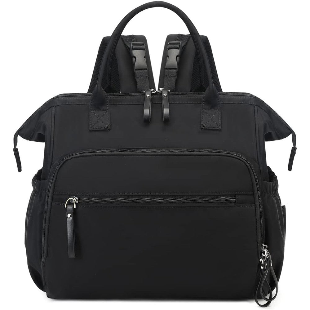 Loradi convertible diaper bag tote front view in black silver