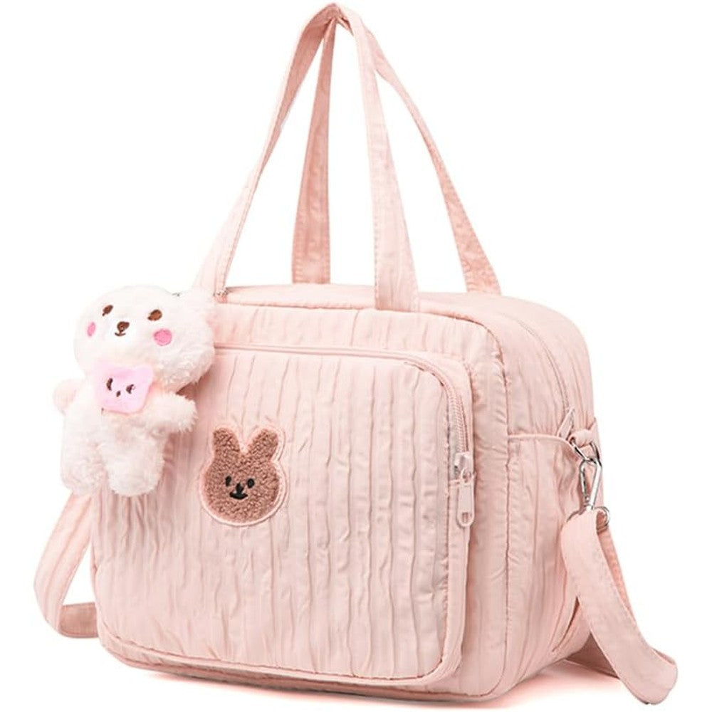Lushandy baby diaper bag tote front view with teddy bear patch