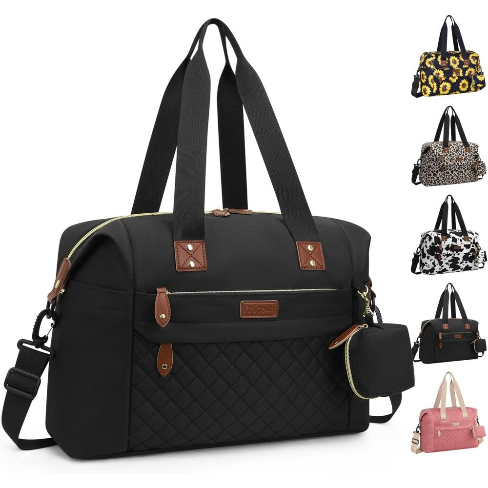 Pritent Diaper Bag Tote front view showing black waterproof fabric and quilted panel