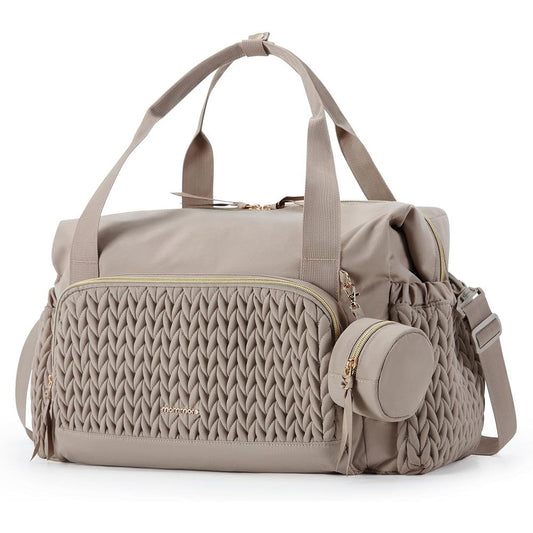 Mommore quilted diaper bag tote front view with pacifier case