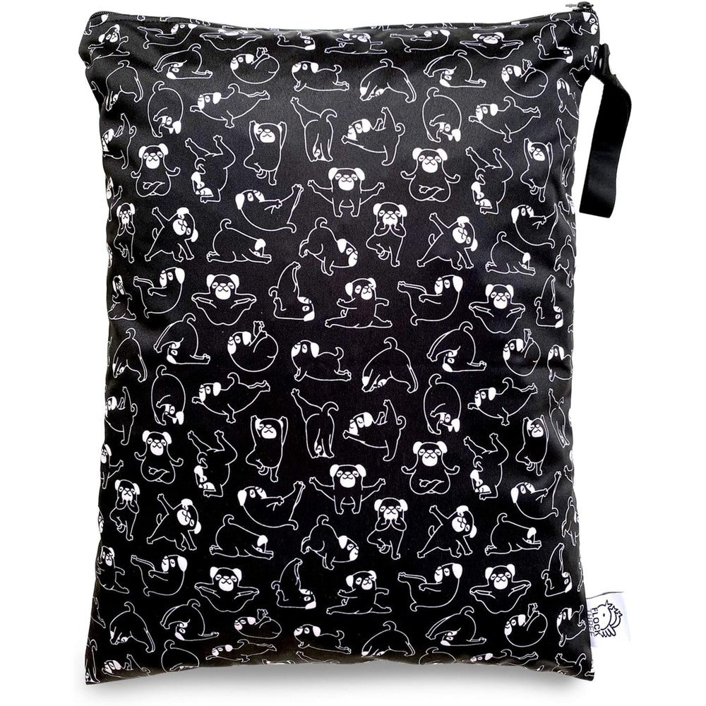 Flock Three reusable wet bag with yoga dog print front view