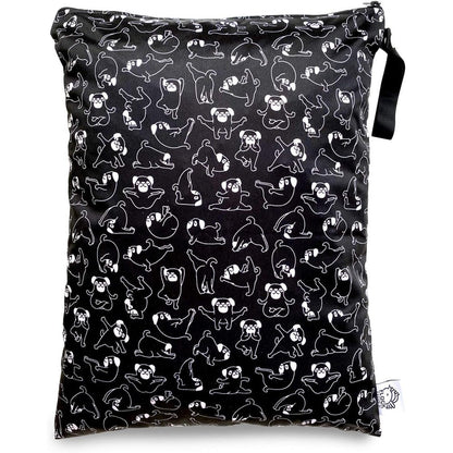 Flock Three reusable wet bag with yoga dog print front view