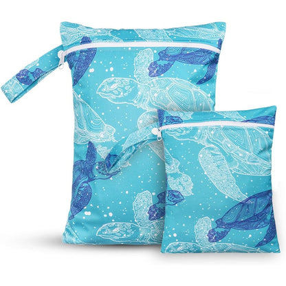 CoolaPeach 2 Pcs Waterproof Reusable Wet Dry Bags With Zippered Pockets For Travel Baby Diapers And Gym Clothes In Blue Turtle Print - Image 1