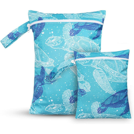 CoolaPeach 2 Pcs Waterproof Reusable Wet Dry Bags With Zippered Pockets For Travel Baby Diapers And Gym Clothes In Blue Turtle Print - Image 1