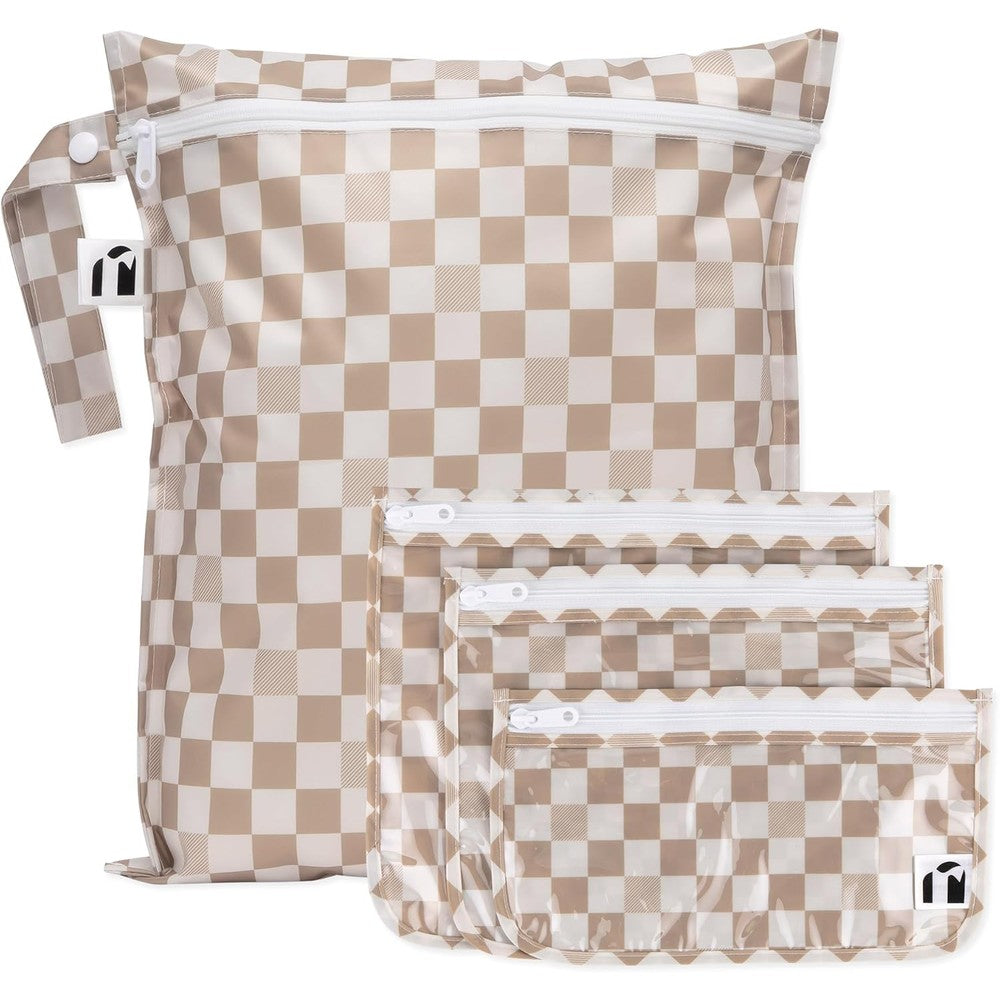 Bumkins Roamio waterproof wet bag and clear travel set in beige check pattern front view