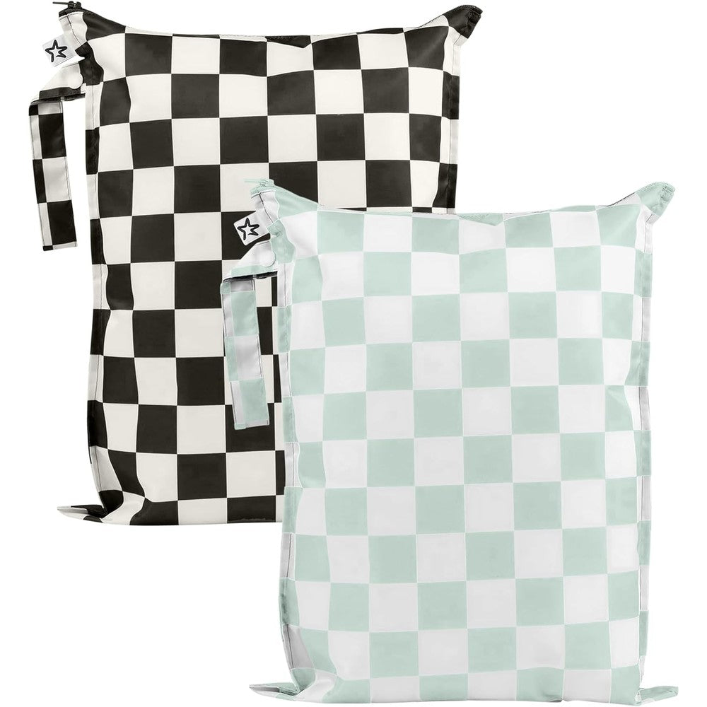 Tiny Twinkle Mess Proof Wet Bags front view in black and green checkers