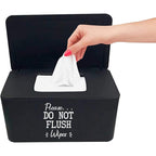 Moorfowl baby wipes dispenser front view showcasing the clear text warning sign on the black container