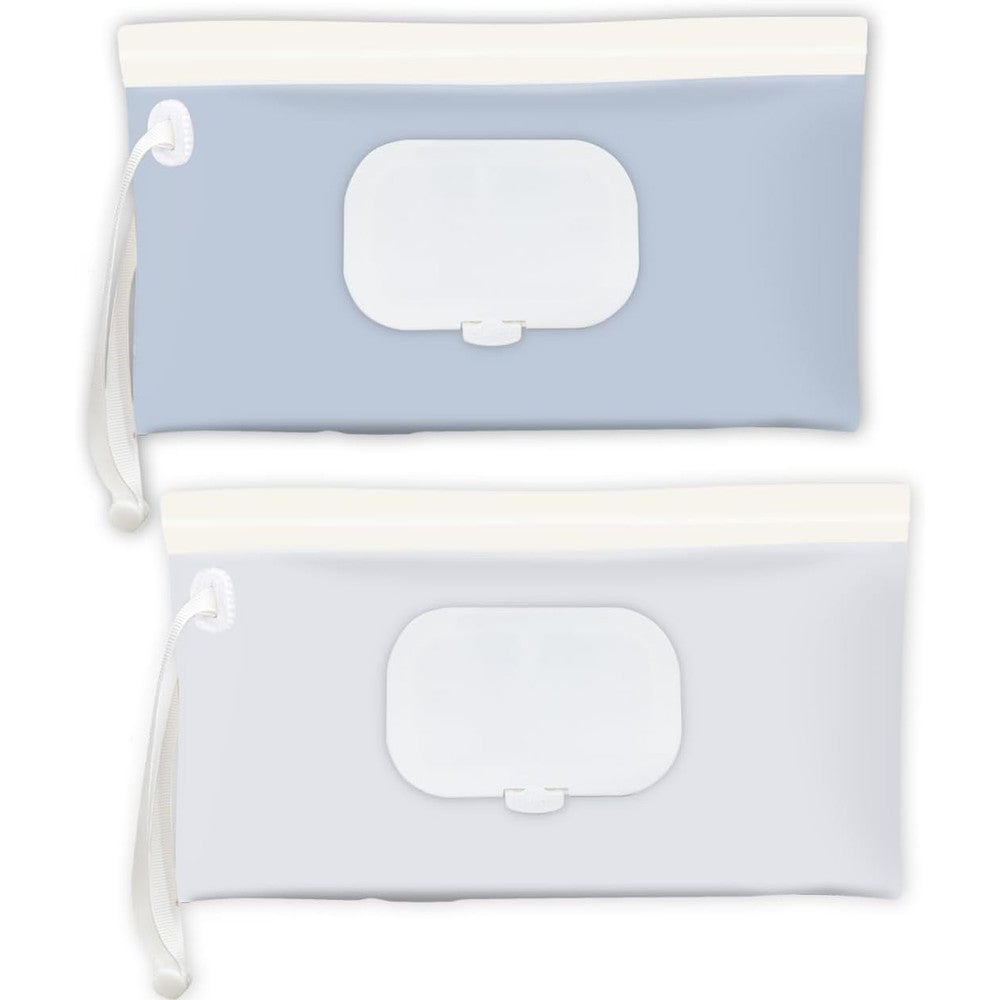 Babyvera baby wipes holder 2 pack front view in blue and beige
