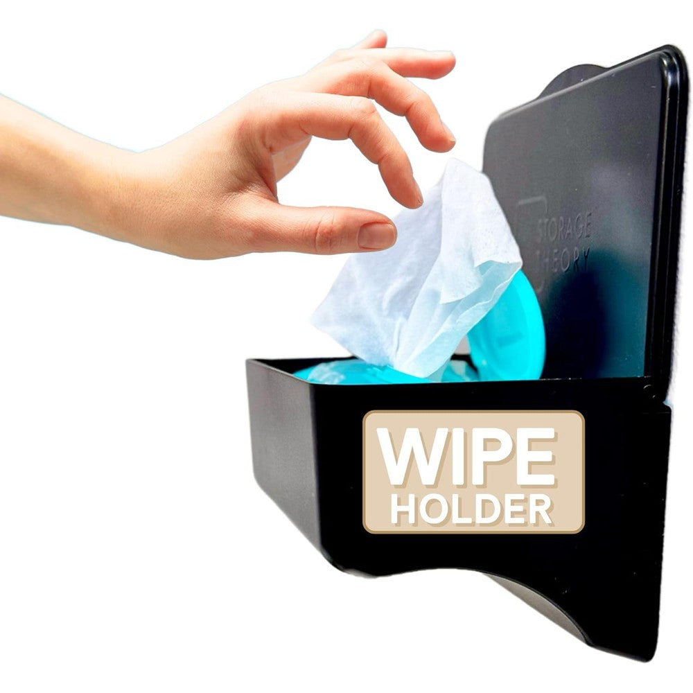 Storage Theory black bathroom wipes holder with top shelf front view