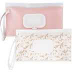 Eoscasely reusable wipe dispenser set front view showing pink and leaf designs