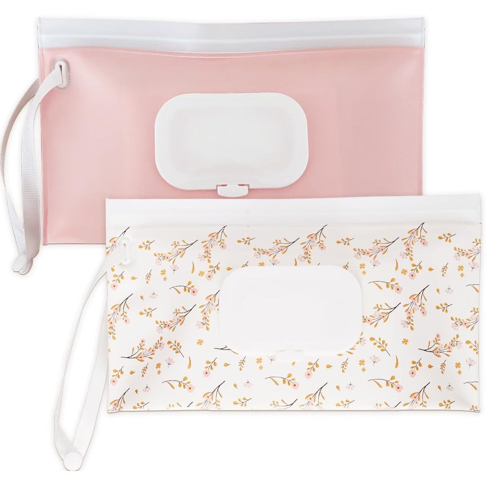 Eoscasely reusable wipe dispenser set front view showing pink and leaf designs