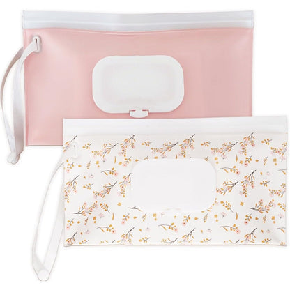 Eoscasely reusable wipe dispenser set front view showing pink and leaf designs