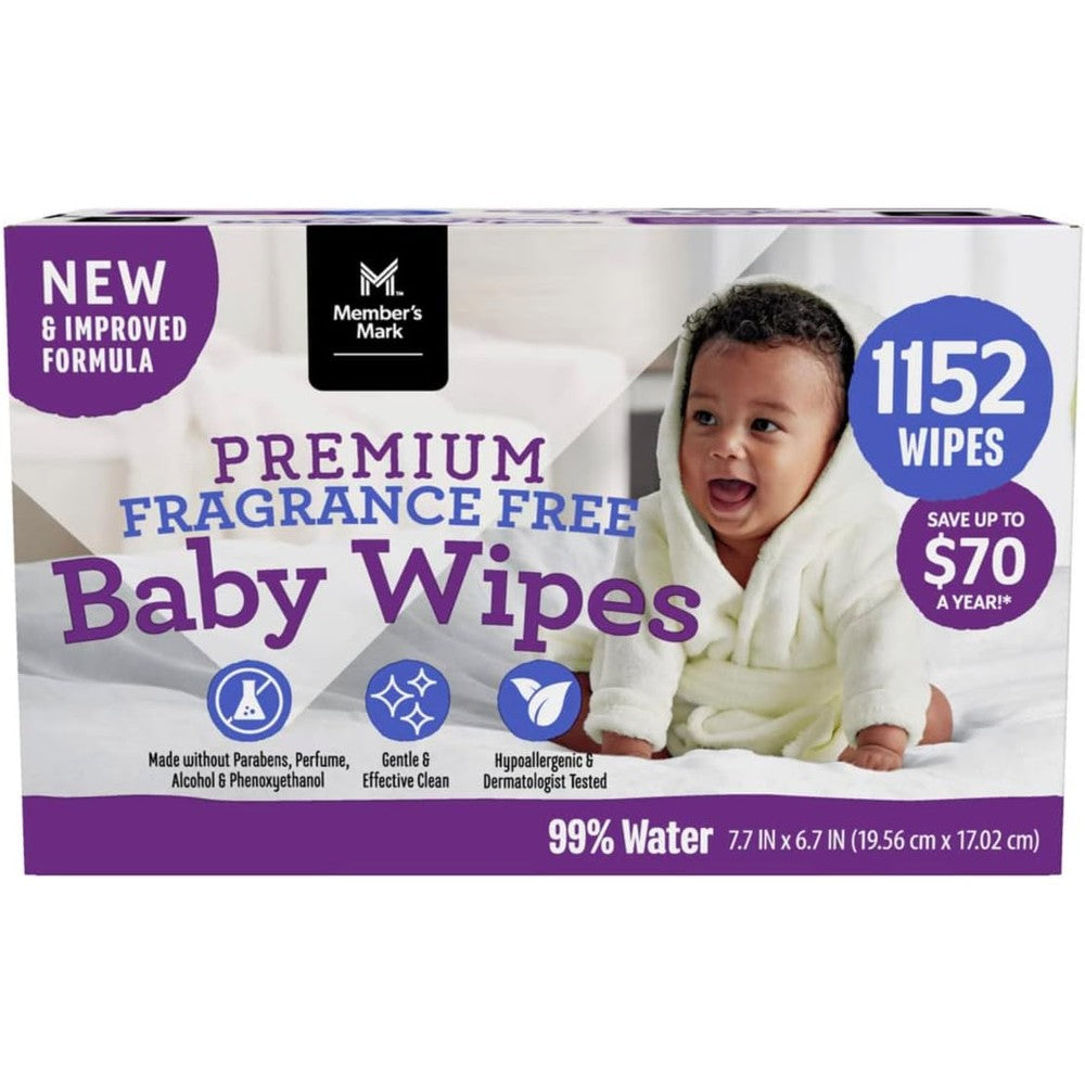 Member's Mark Premium Fragrance Free Baby Wipes front view showing 1152 count box