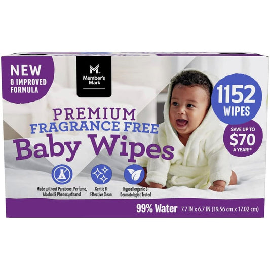 Member's Mark Premium Fragrance Free Baby Wipes front view showing 1152 count box