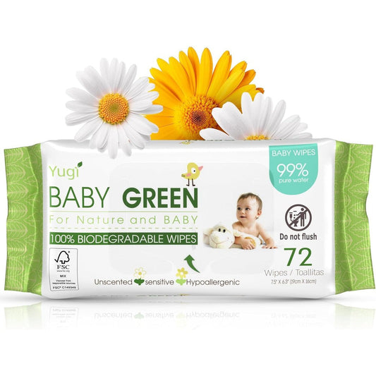Yugi Baby Green unscented compostable baby wipes front packaging