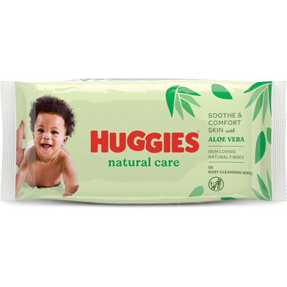 Huggies Natural Care baby wipes with aloe vera 56 count front packaging view