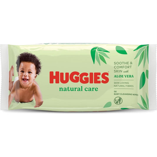 Huggies Natural Care baby wipes with aloe vera 56 count front packaging view