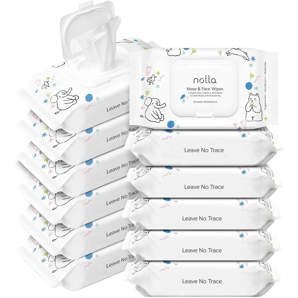 Nolla Nose and Face Wipes for Babies front view of the packaging showcasing the unscented saline formula.