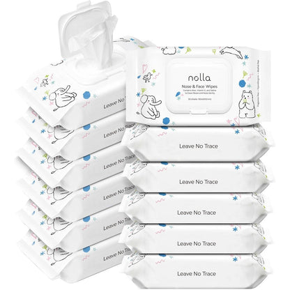Nolla Nose and Face Wipes for Babies front view of the packaging showcasing the unscented saline formula.