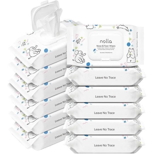 Nolla Nose and Face Wipes for Babies front view of the packaging showcasing the unscented saline formula.