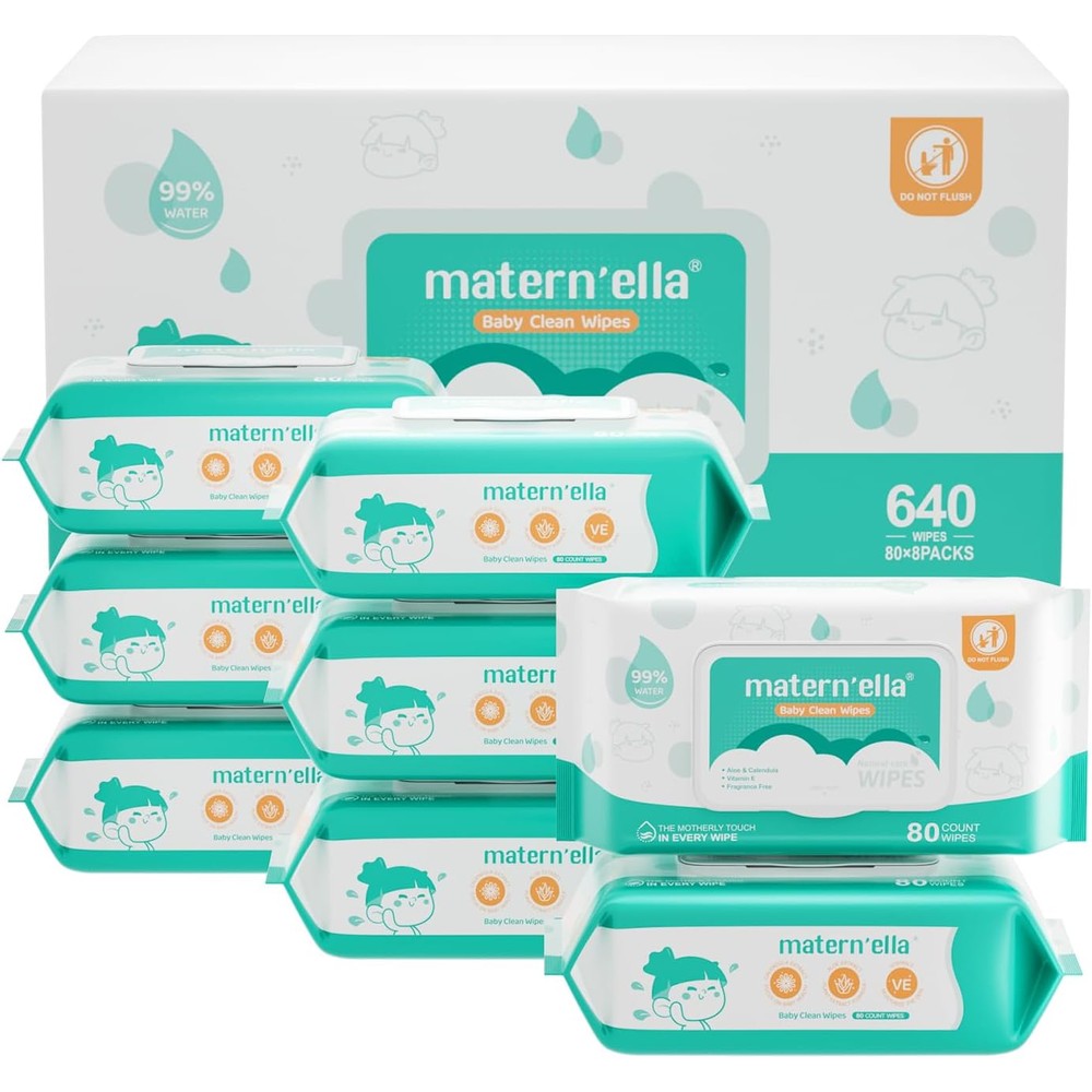 MATERN'ELLA Baby Wipes 640 count front view packaging showing flip-top lids for sensitive skin.