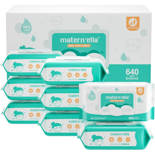 MATERN'ELLA Baby Wipes 640 count front view packaging showing flip-top lids for sensitive skin.