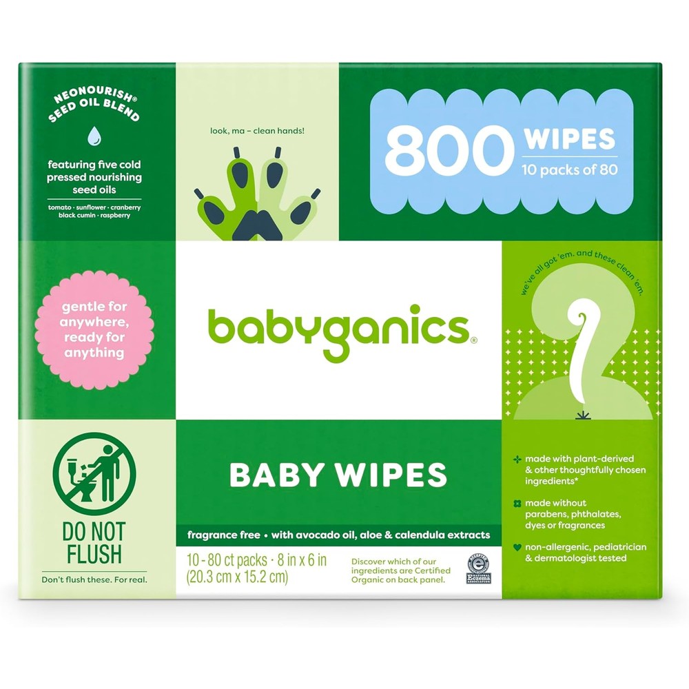 Babyganics Unscented Diaper Wipes 800 count bulk box front packaging view