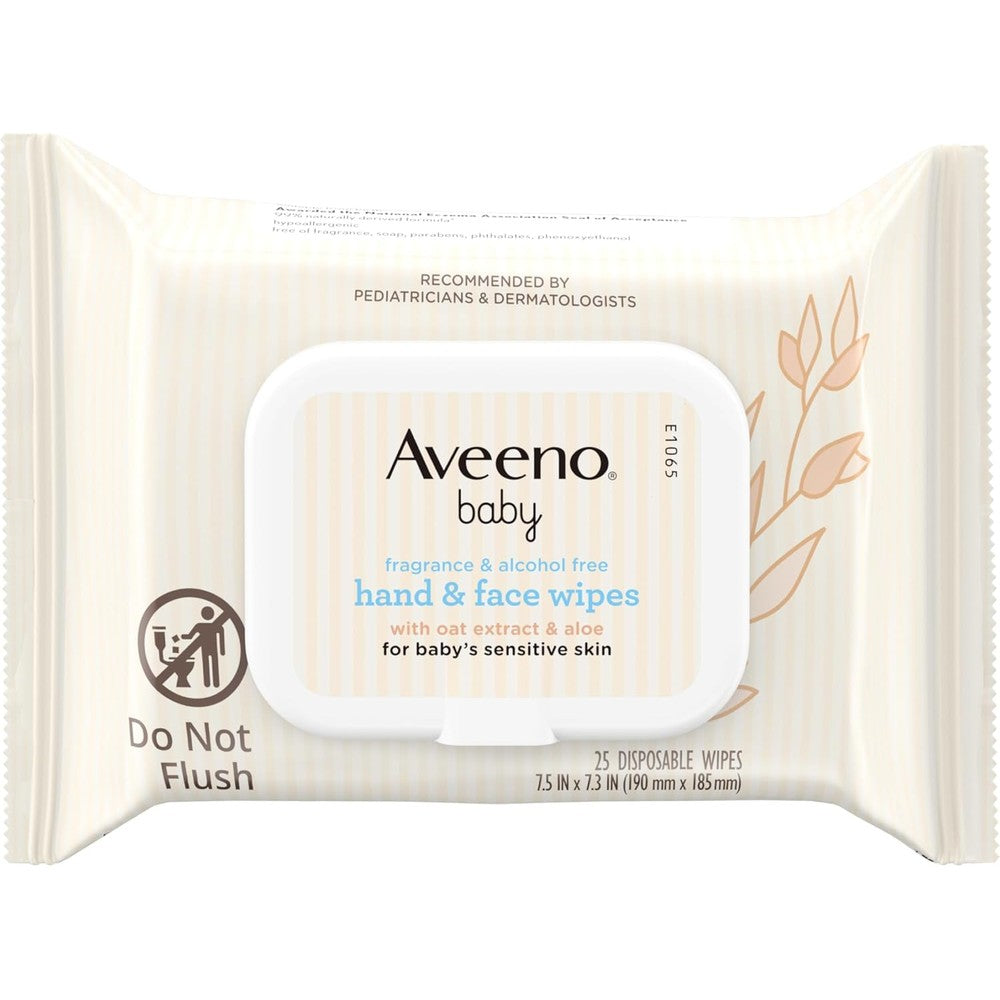 Aveeno Baby fragrance-free hand and face wipes with oat extract and aloe 25 count 4 pack