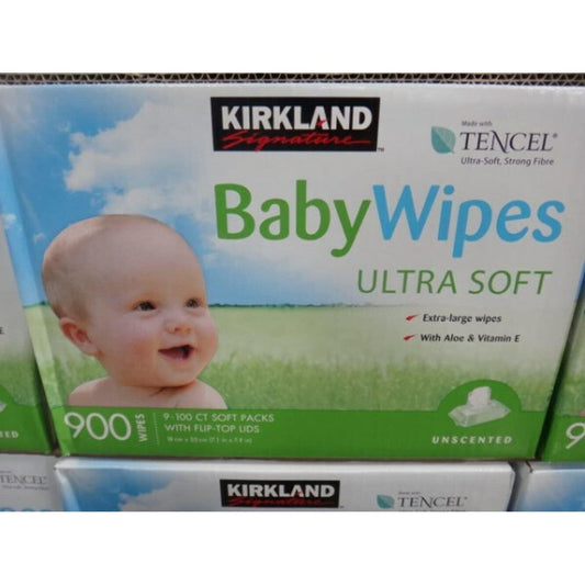 Kirkland Signature Ultra Soft Unscented Baby Wipes nine hundred count box front view showcasing premium hypoallergenic infant care.