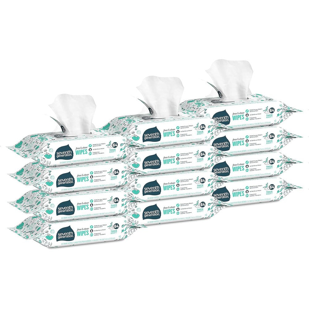 Seventh Generation Free and Clear Baby Wipes 768 count bulk pack front view showcasing sensitive skin protection formula.