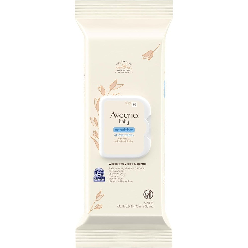 Aveeno Baby sensitive all over wipes oat extract aloe 64 count for face bottom and body