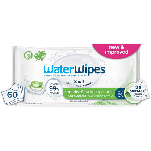 WaterWipes Sensitive Plus Hydrating Boost Wipes 60 count pack front view showcasing authentic USA import packaging