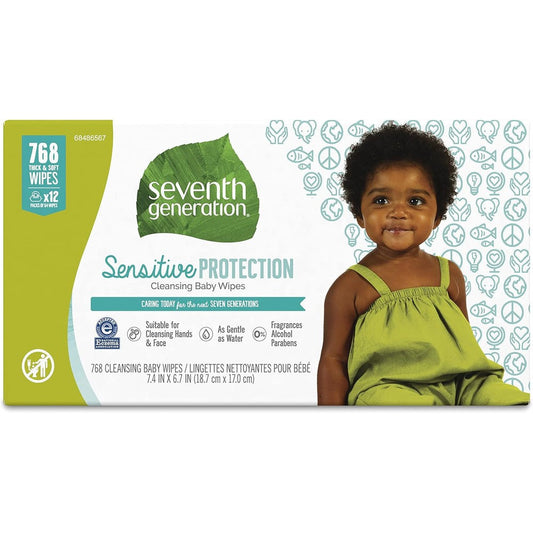 Seventh Generation baby wipes sensitive protection 768 count front view of packaging box.