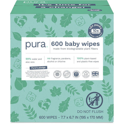 Pura Natural Sensitive Baby Wipes front view of the ten pack bulk box displaying sixty hundred total wipes capacity.
