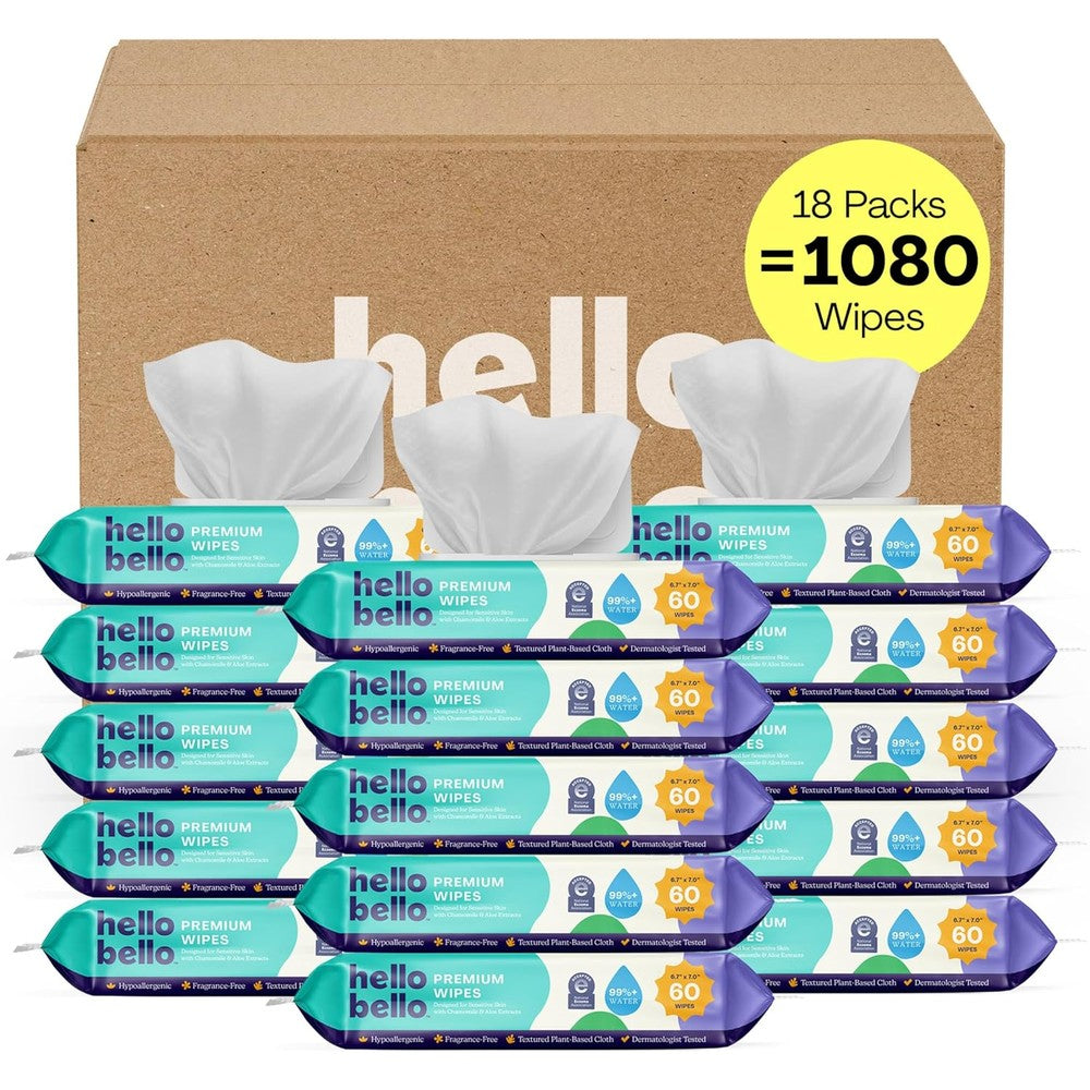 Hello Bello Premium Fragrance Free Baby Wipes front view of eighteen pack bulk box