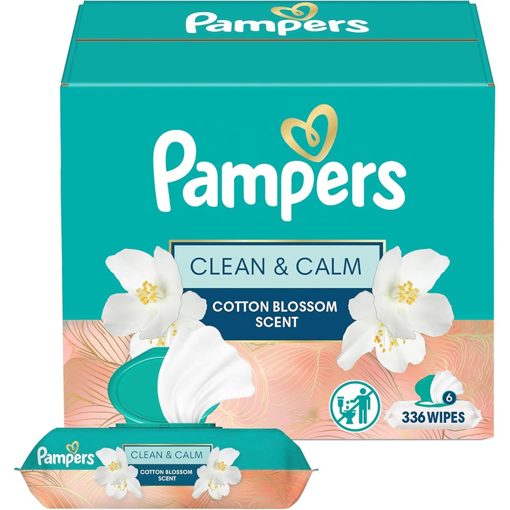 Pampers Clean and Calm Cotton Blossom Wipes front view of six pack bundle