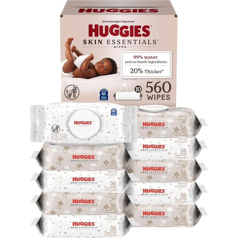 Huggies Skin Essentials Baby Wipes 10 flip top packs front view showing packaging