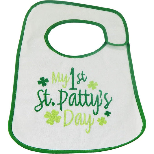 Hello Baby Wonder First St. Patrick's Day Bib front view festive embroidered infant cotton dribble bib