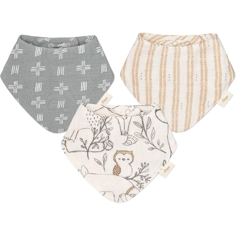Crane Baby muslin baby bib set front view woodland theme