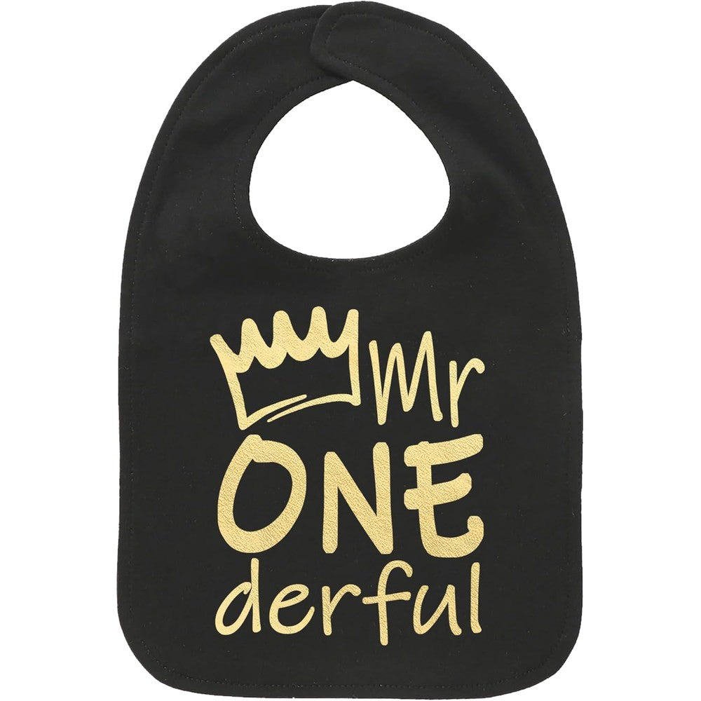 Aiden's Corner Mr Onederful black bib with gold graphic