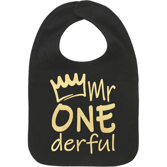 Aiden's Corner Mr Onederful black bib with gold graphic
