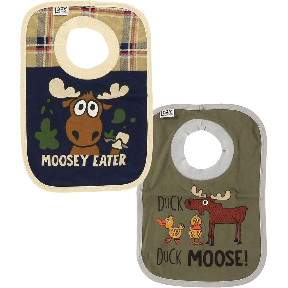 Lazy One animal print baby bibs front view showing moose design